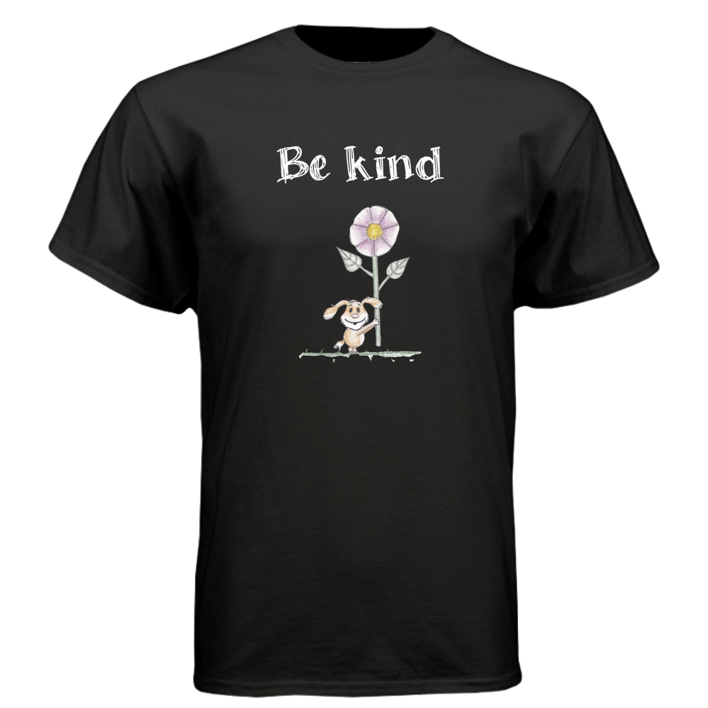 Black - FRONT Be Kind Puppy t-shirt with hand-drawn puppy holding flower and “Be kind” text by Mitten Hippie Apparel, positive graphic tee