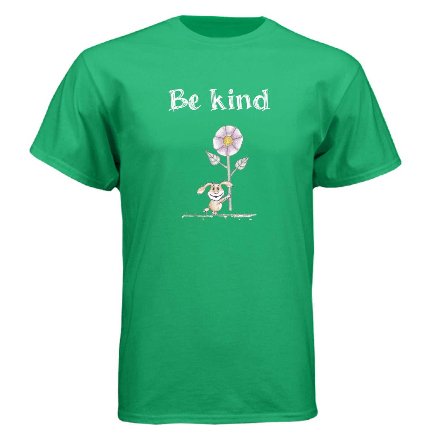 undefined - FRONT Be Kind Puppy t-shirt with hand-drawn puppy holding flower and “Be kind” text by Mitten Hippie Apparel, positive graphic tee