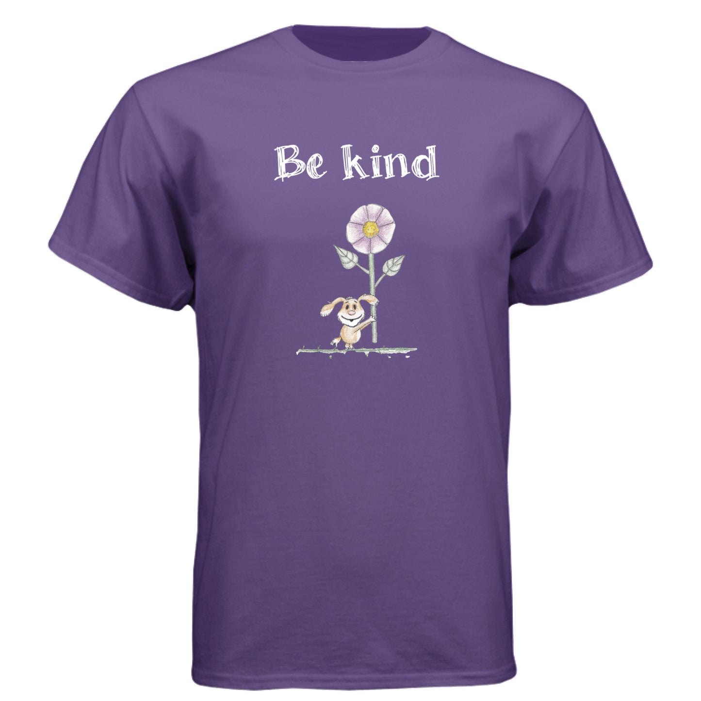 Purple Rush - FRONT Be Kind Puppy t-shirt with hand-drawn puppy holding flower and “Be kind” text by Mitten Hippie Apparel, positive graphic tee