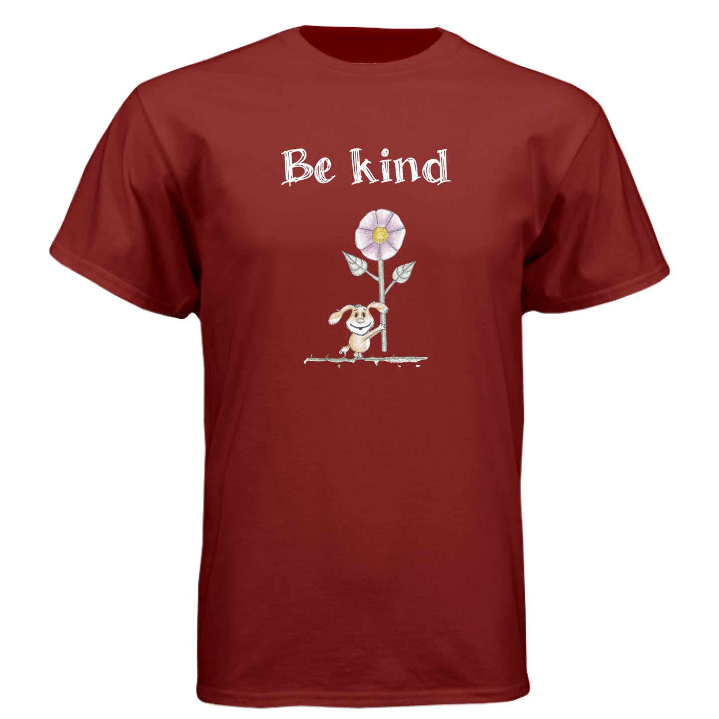 Cardinal - FRONT Be Kind Puppy t-shirt with hand-drawn puppy holding flower and “Be kind” text by Mitten Hippie Apparel, positive graphic tee