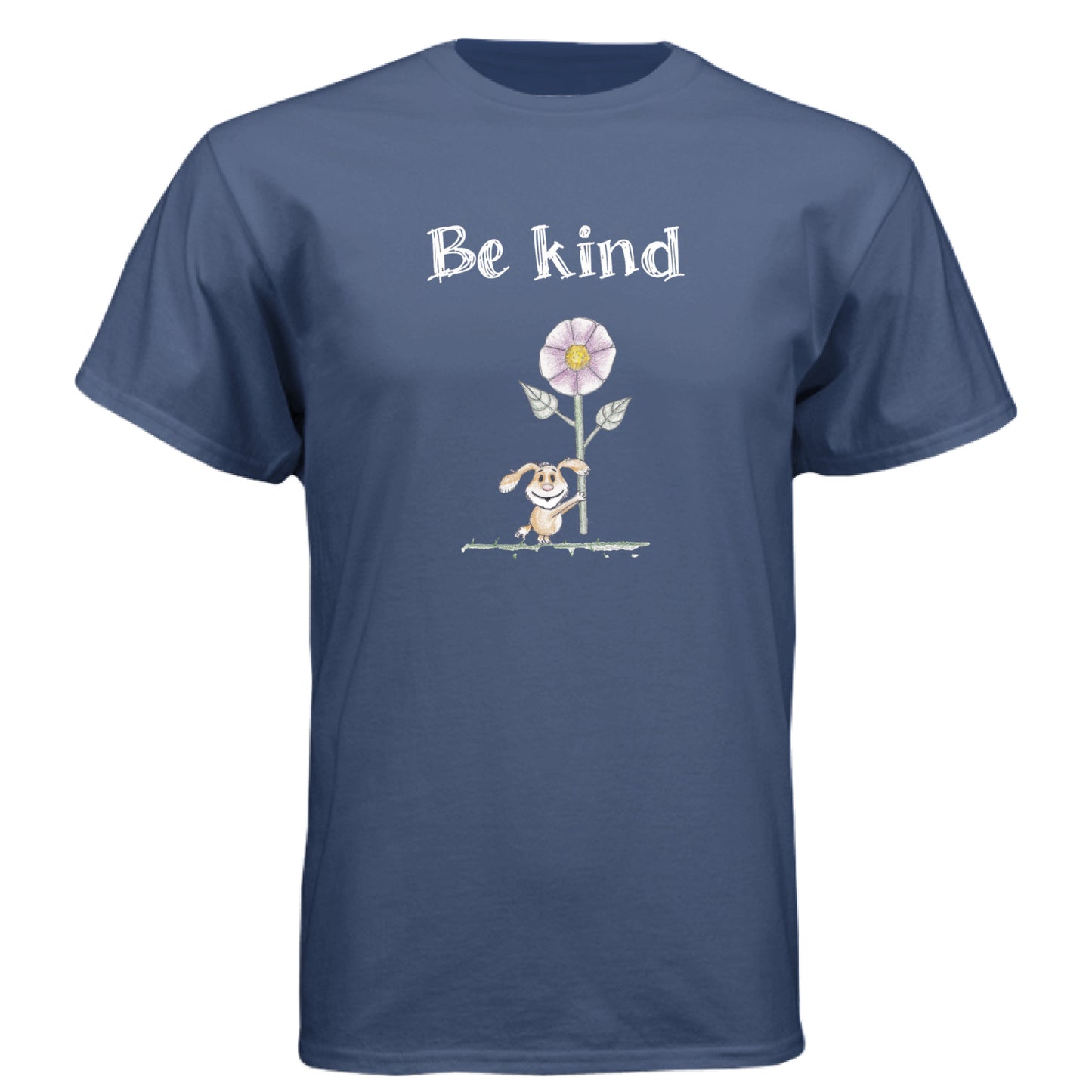 Storm - FRONT Be Kind Puppy t-shirt with hand-drawn puppy holding flower and “Be kind” text by Mitten Hippie Apparel, positive graphic tee