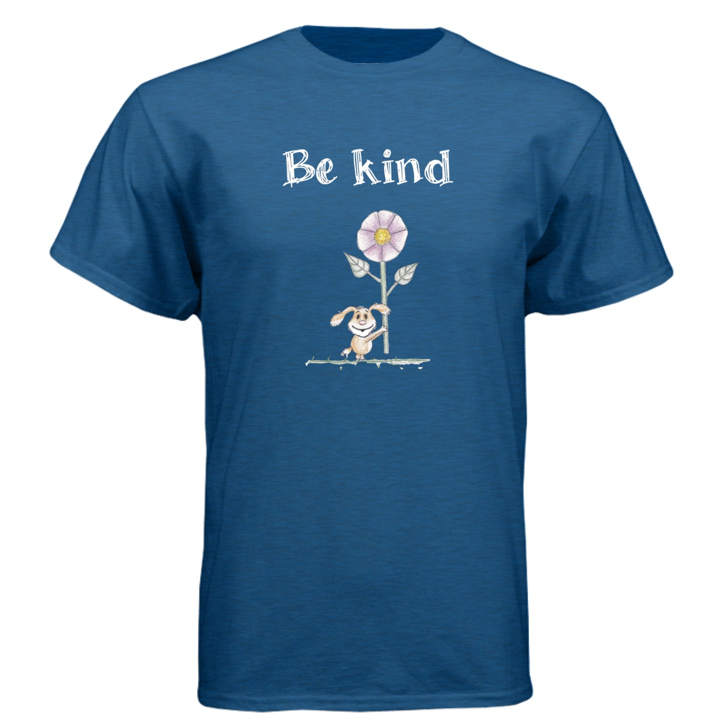 Heather Cool Blue - FRONT Be Kind Puppy t-shirt with hand-drawn puppy holding flower and “Be kind” text by Mitten Hippie Apparel, positive graphic tee