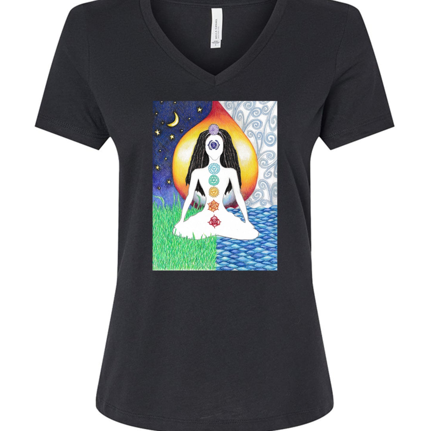 Solid Black Blend - FRONT of Dark Chakra Lady v-neck t-shirt