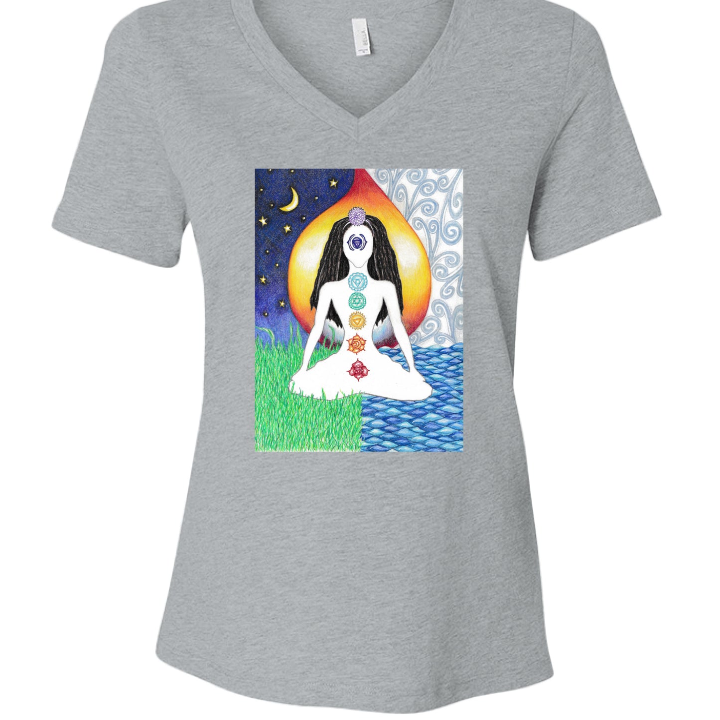 Athletic Heather - FRONT of Dark Chakra Lady v-neck t-shirt