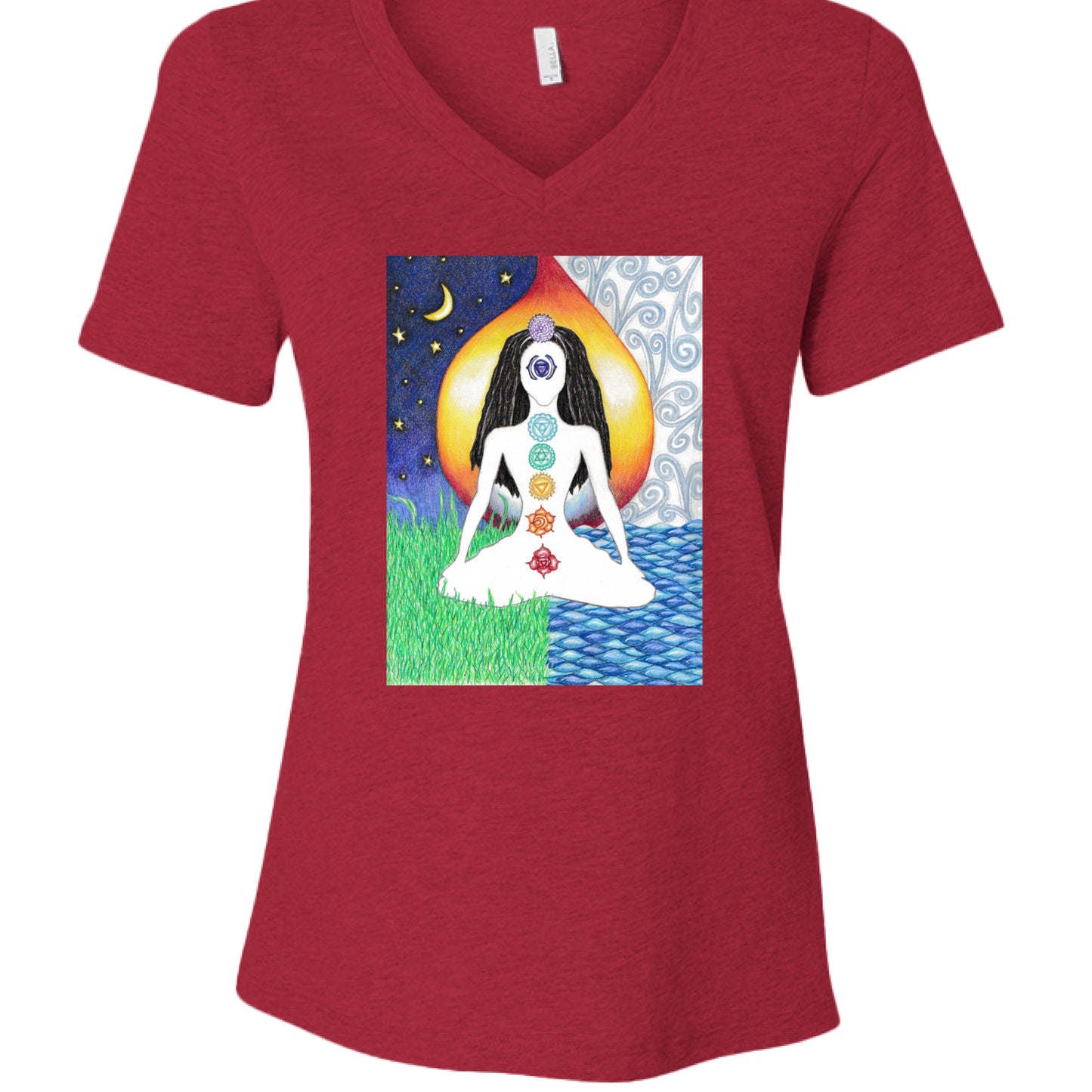 Heather Red - FRONT of Dark Chakra Lady v-neck t-shirt