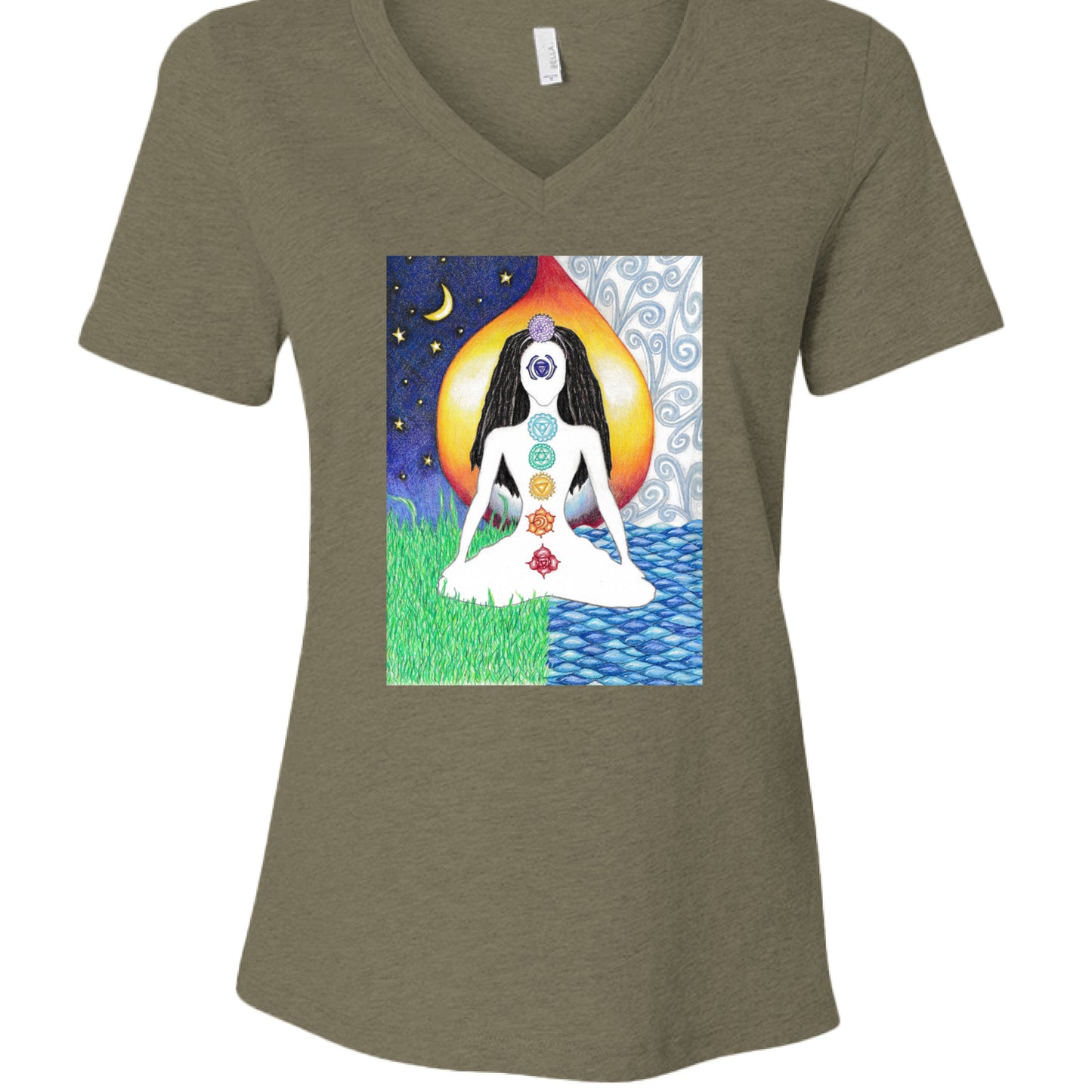 Heather Olive - FRONT of Dark Chakra Lady v-neck t-shirt