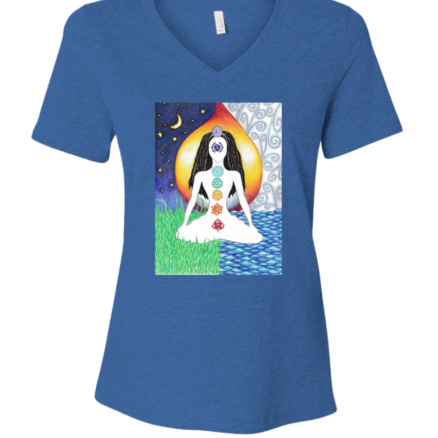 Heather True Royal - FRONT of Dark Chakra Lady v-neck t-shirt