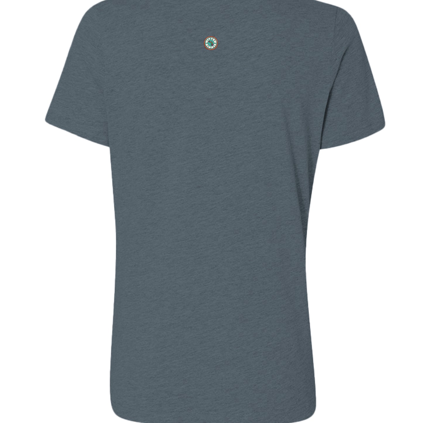 Heather Slate - BACK of Cool Beans v-neck t-shirt with Mitten Hippie Apparel logo