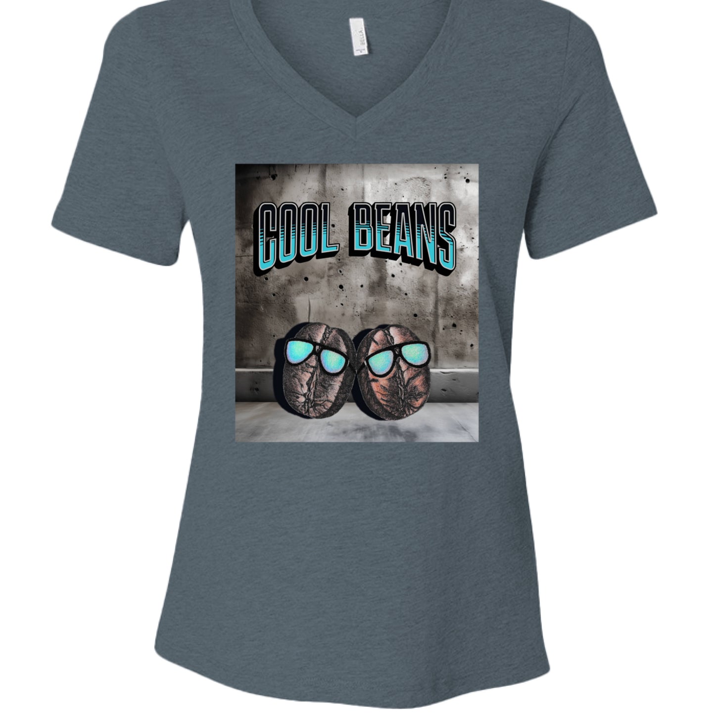 Heather Slate - FRONT Cool Beans v-neck t-shirt with hand-drawn beans wearing sunglasses and bold text by Mitten Hippie Apparel, funny pun shirt