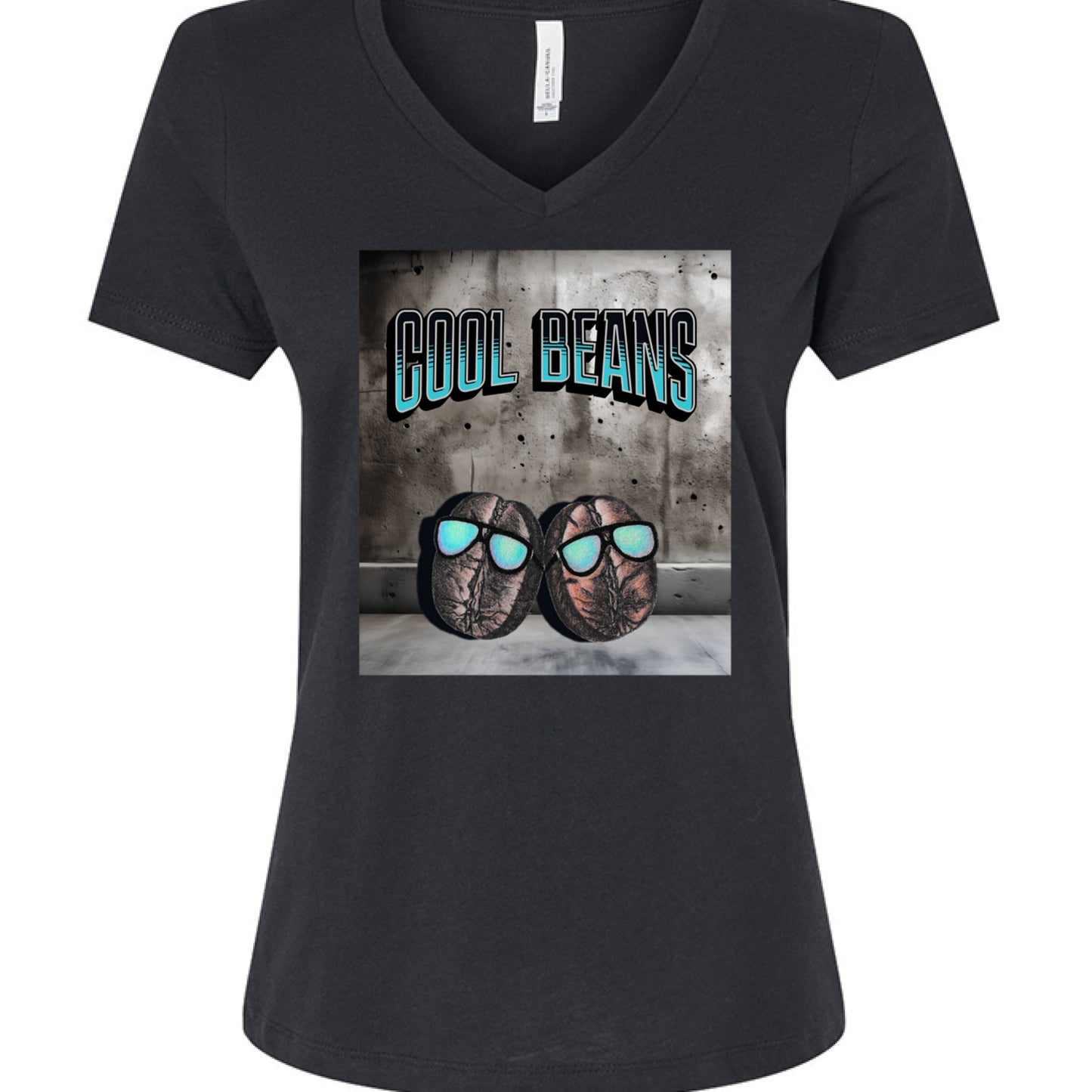 Solid Black Blend - FRONT Cool Beans v-neck t-shirt with hand-drawn beans wearing sunglasses and bold text by Mitten Hippie Apparel, funny pun shirt