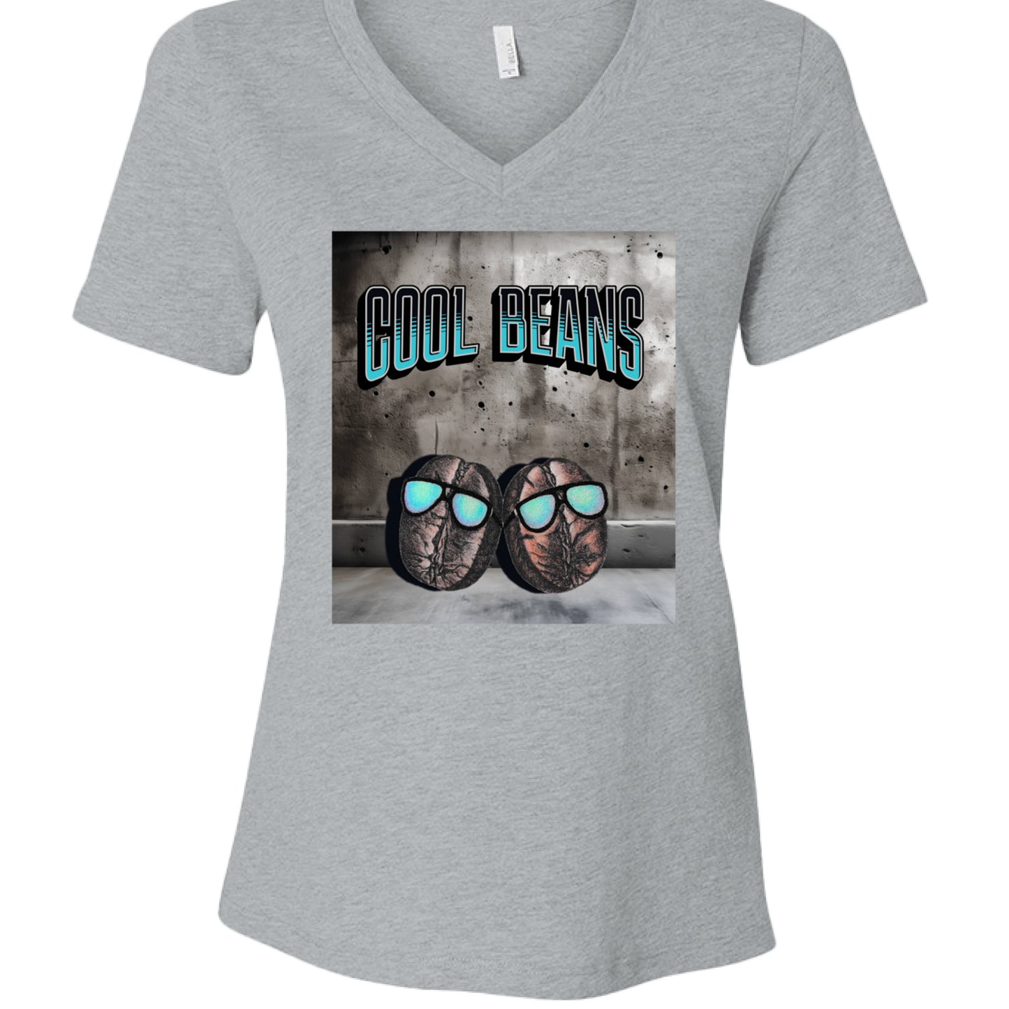Athletic Heather - FRONT Cool Beans v-neck t-shirt with hand-drawn beans wearing sunglasses and bold text by Mitten Hippie Apparel, funny pun shirt