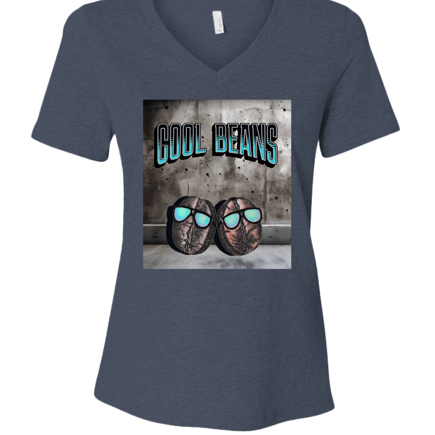 Heather Navy - FRONT Cool Beans v-neck t-shirt with hand-drawn beans wearing sunglasses and bold text by Mitten Hippie Apparel, funny pun shirt