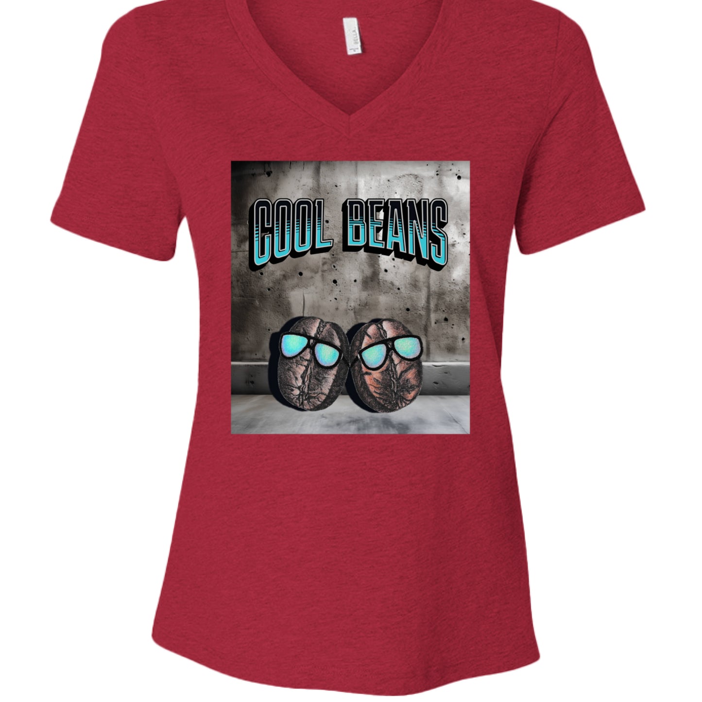 Heather Red - FRONT Cool Beans v-neck t-shirt with hand-drawn beans wearing sunglasses and bold text by Mitten Hippie Apparel, funny pun shirt