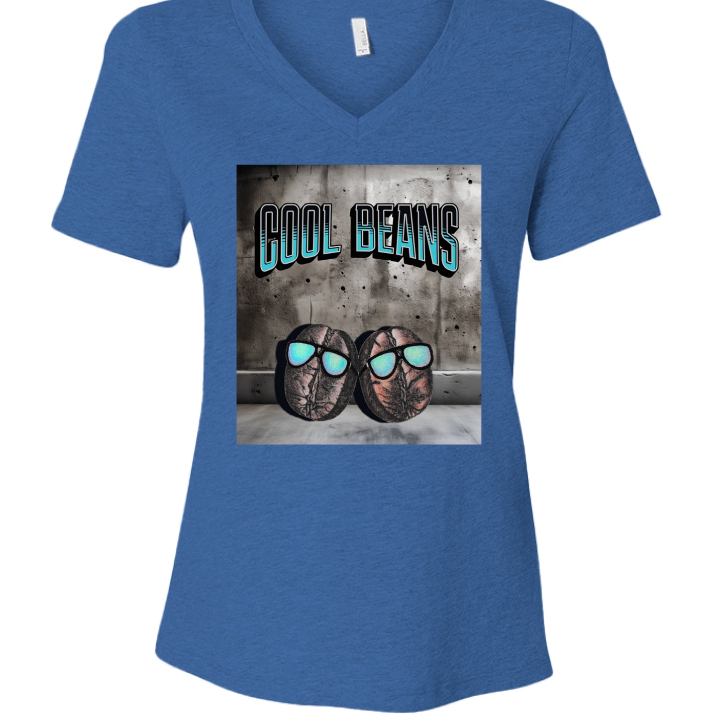 Heather True Royal - FRONT Cool Beans v-neck t-shirt with hand-drawn beans wearing sunglasses and bold text by Mitten Hippie Apparel, funny pun shirt