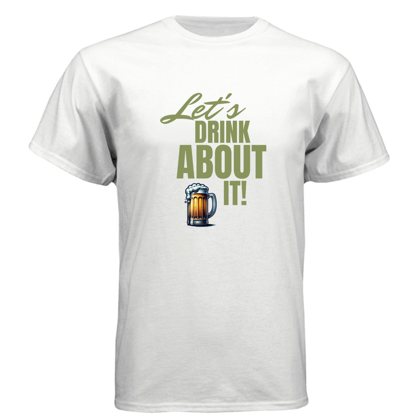 White - FRONTLet’s Drink About It t-shirt with beer mug graphic and bold text by Mitten Hippie Apparel, blue, funny party shirt