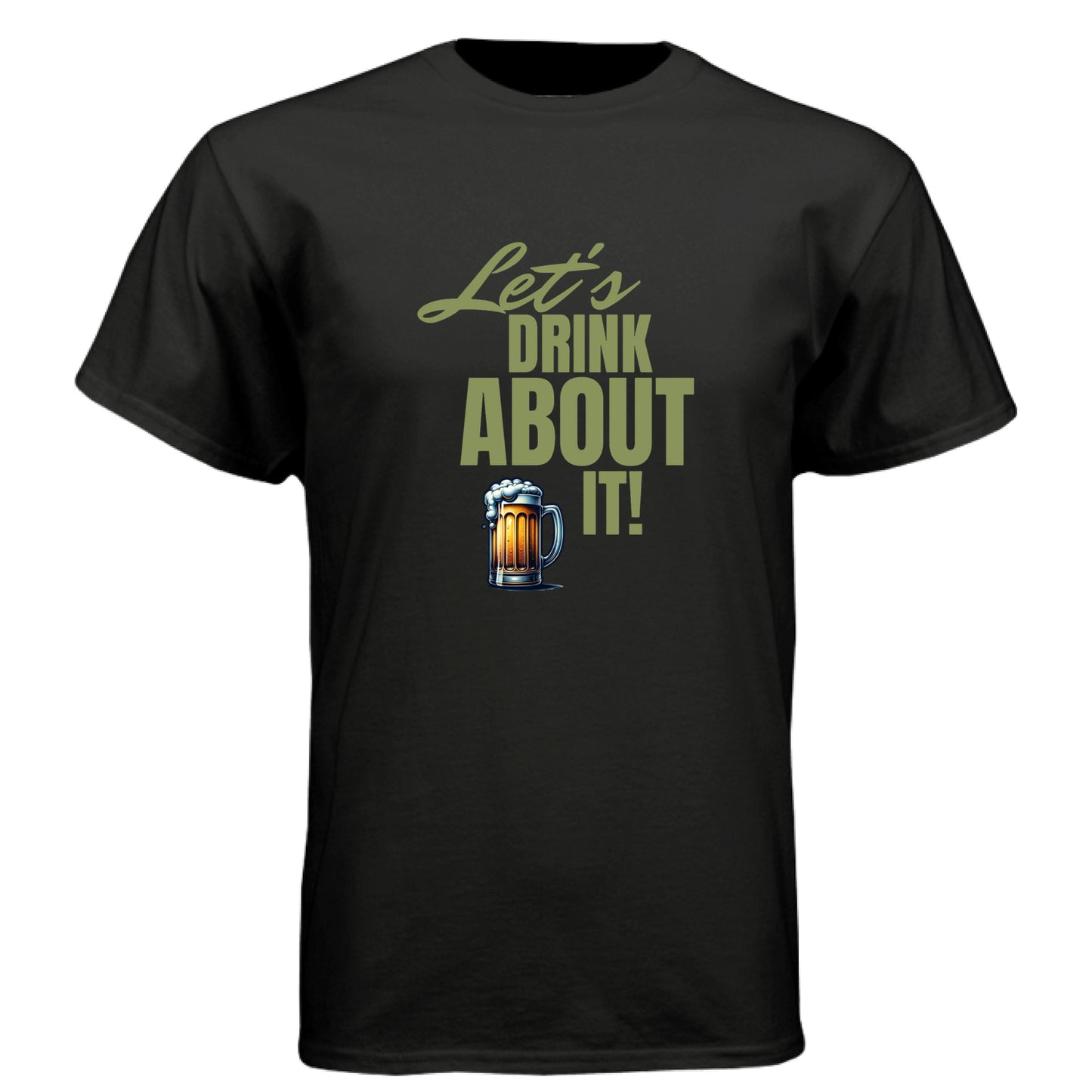 Black - FRONT Let’s Drink About It t-shirt with beer mug graphic and bold text by Mitten Hippie Apparel, blue, funny party shirt