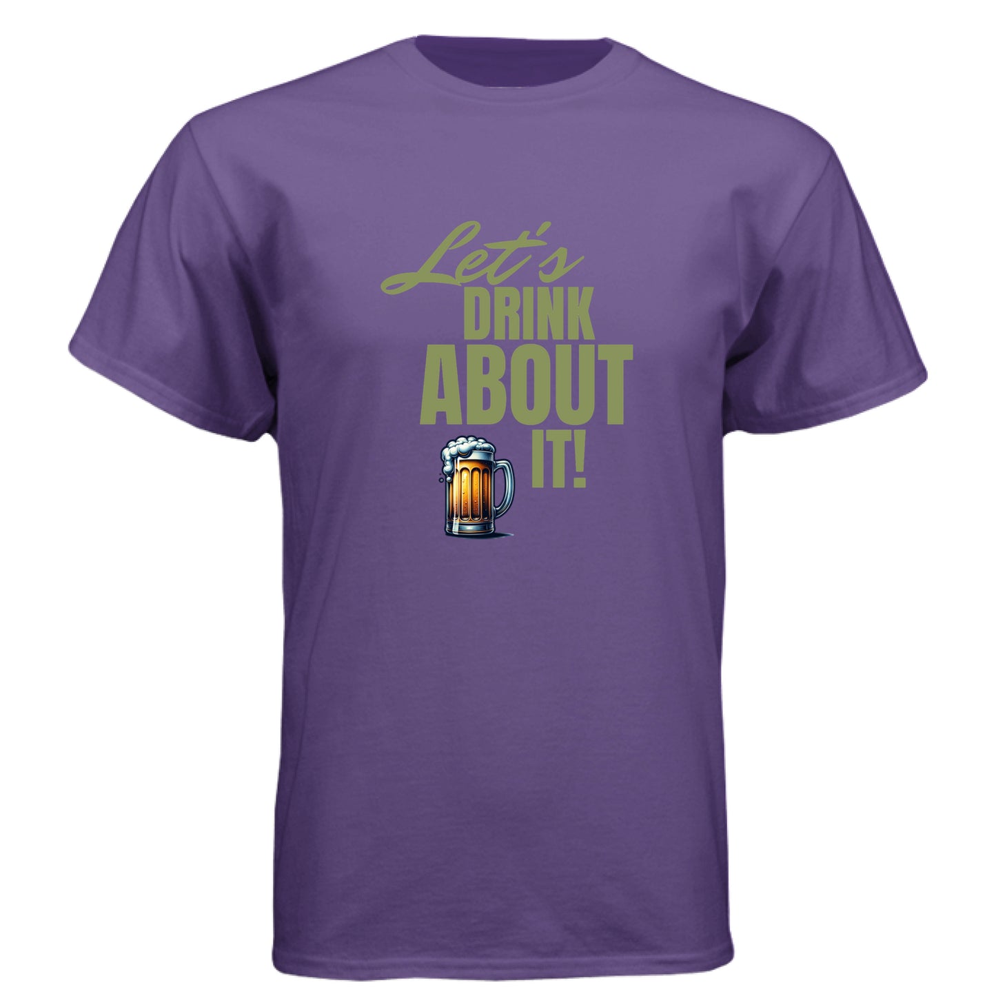 Purple Rush - FRONT Let’s Drink About It t-shirt with beer mug graphic and bold text by Mitten Hippie Apparel, blue, funny party shirt