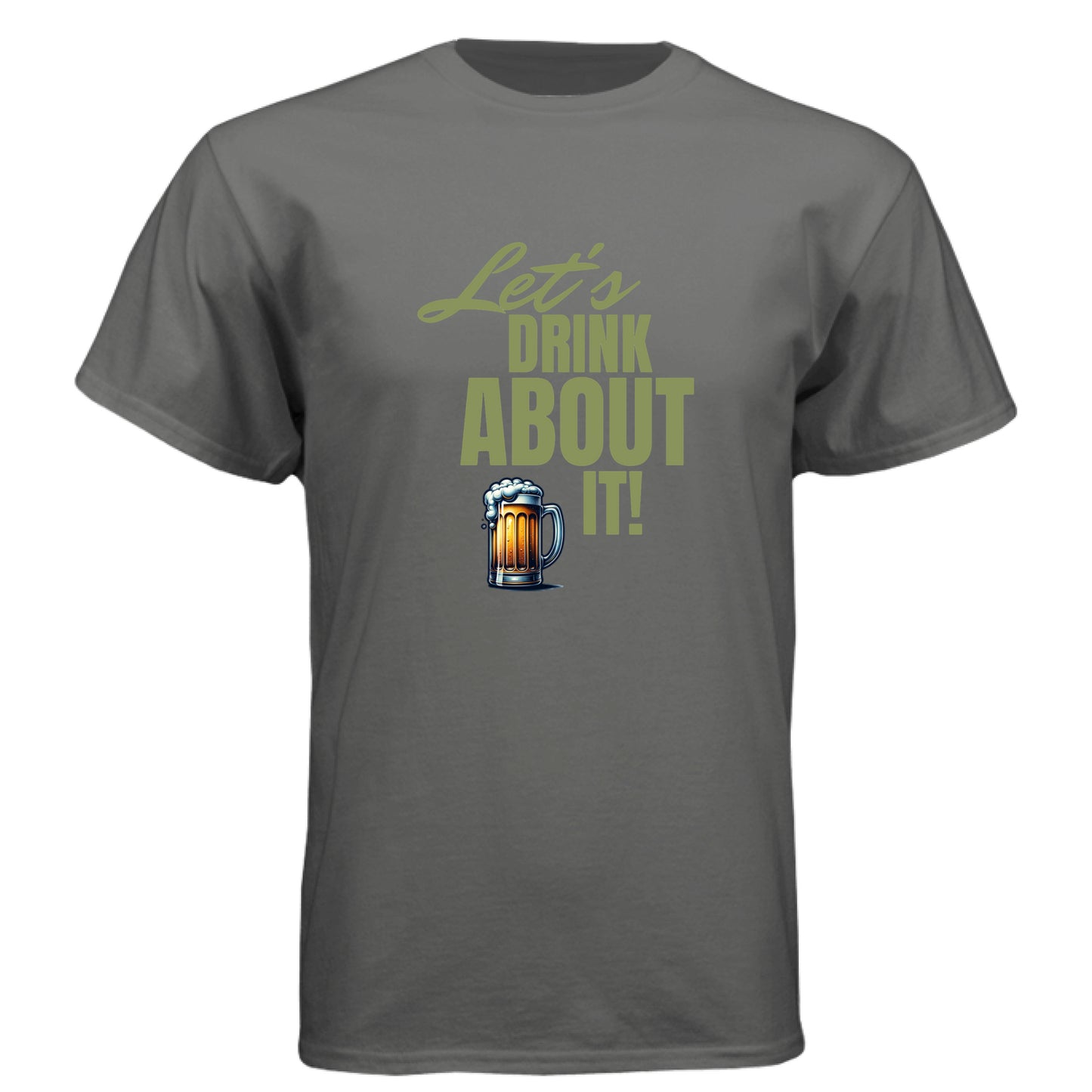 Charcoal - FRONT Let’s Drink About It t-shirt with beer mug graphic and bold text by Mitten Hippie Apparel, blue, funny party shirt