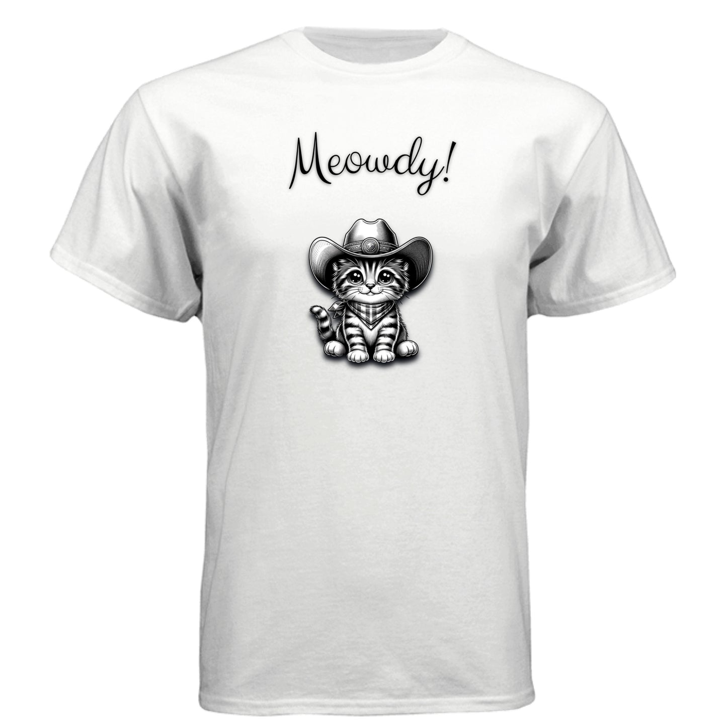 White - Meowdy” cat cowboy graphic t-shirt by Mitten Hippie Apparel – funny, artistic, eco-friendly