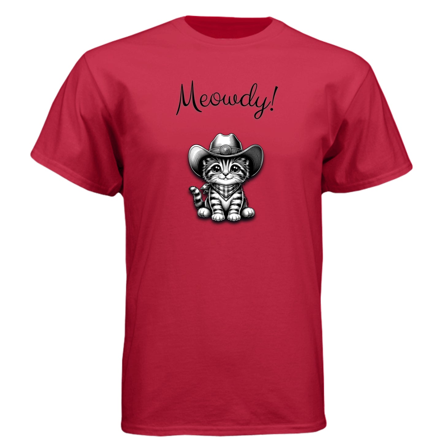 Red - FRONT “Meowdy” cat cowboy graphic t-shirt by Mitten Hippie Apparel – funny, artistic, eco-friendly