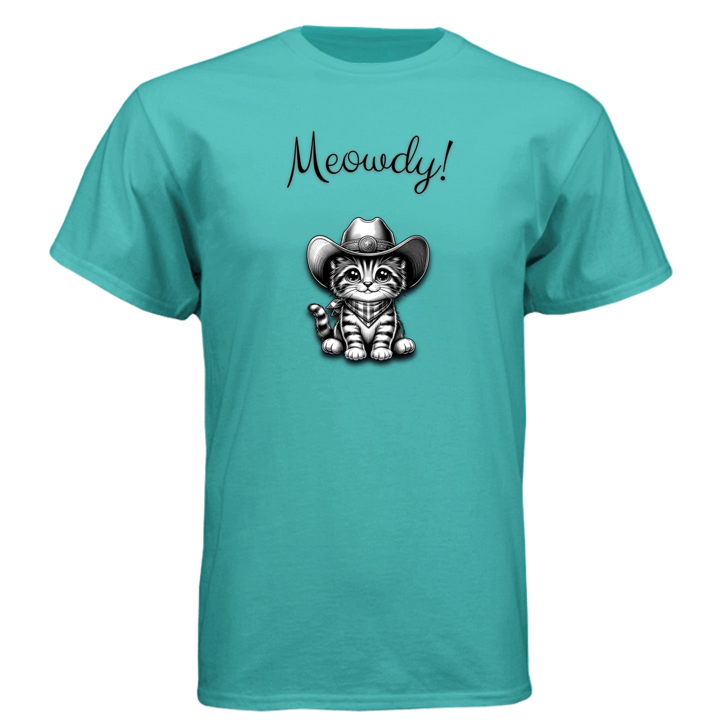 Teal - FRONT “Meowdy” cat cowboy graphic t-shirt by Mitten Hippie Apparel – funny, artistic, eco-friendly