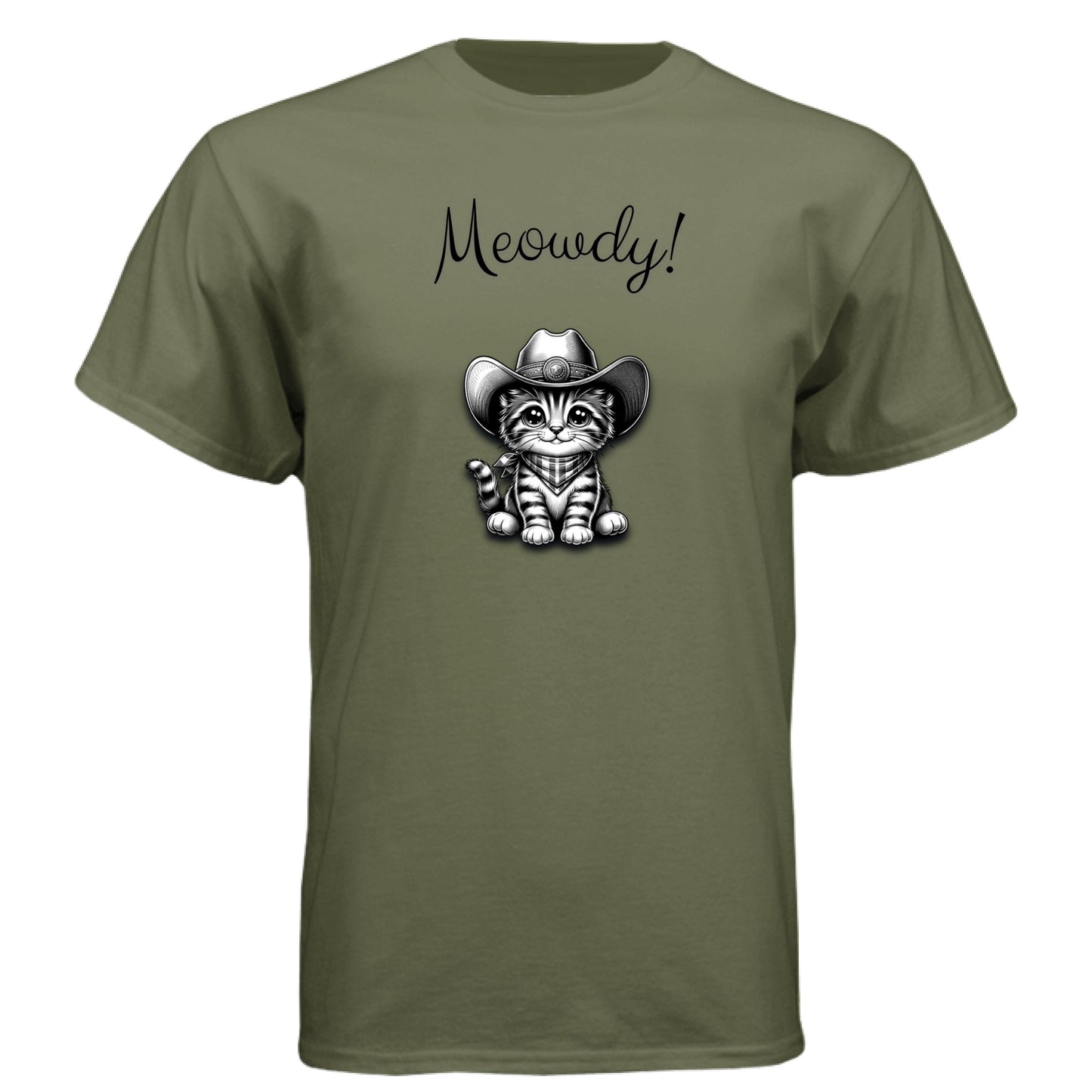 Military Green - FRONT “Meowdy” cat cowboy graphic t-shirt by Mitten Hippie Apparel – funny, artistic, eco-friendly