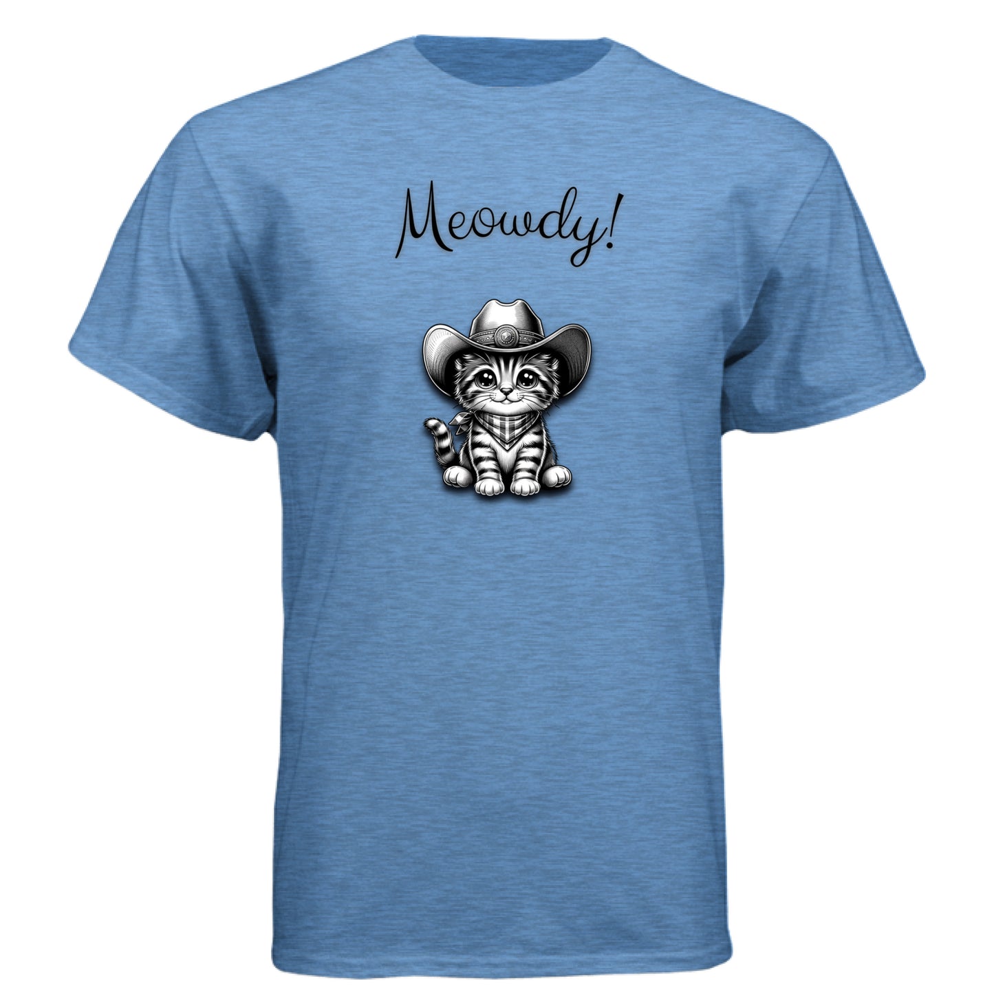 Heather Columbia Blue - FRONT “Meowdy” cat cowboy graphic t-shirt by Mitten Hippie Apparel – funny, artistic, eco-friendly