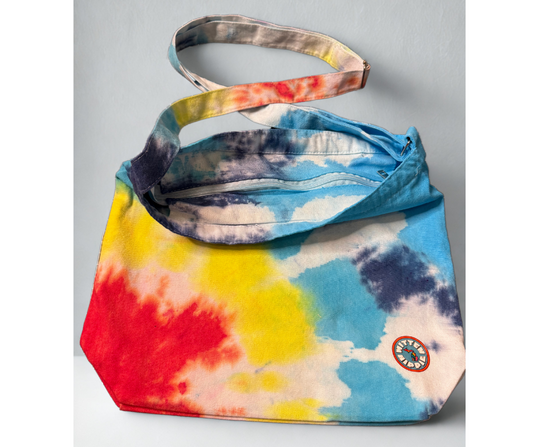 Blue, Yellow, and Red Bullseye Tie Dye Crossbody Bag – Boho Festival Purse | Mitten Hippie