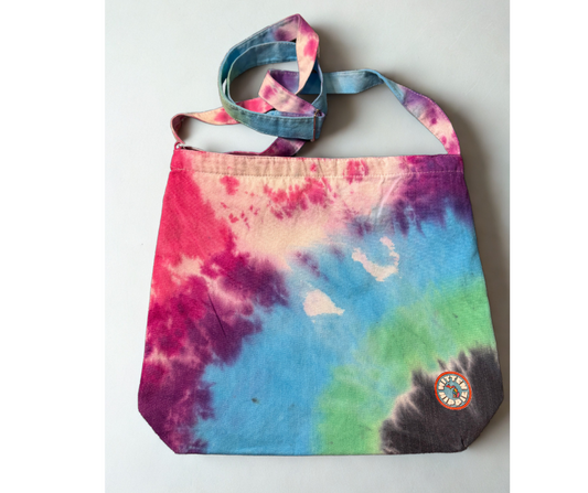 Purple, Pink, Teal, Blue and Black Bullseye Tie Dye Crossbody Bag – Boho Festival Purse | Mitten Hippie