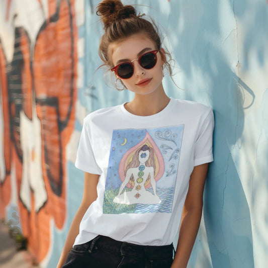 Lady wearing a Light Chakra Lady v-neck t-shirt with hand-drawn meditating woman and chakra art by Mitten Hippie Apparel, white, yoga and mindfulness shirt