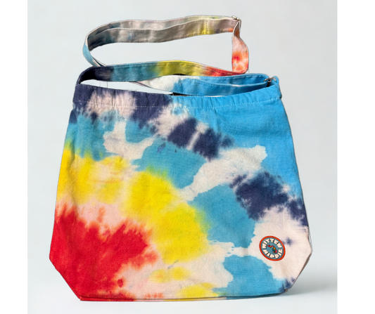 Blue, Yellow, and Red Bullseye Tie Dye Crossbody Bag – Boho Festival Purse | Mitten Hippie