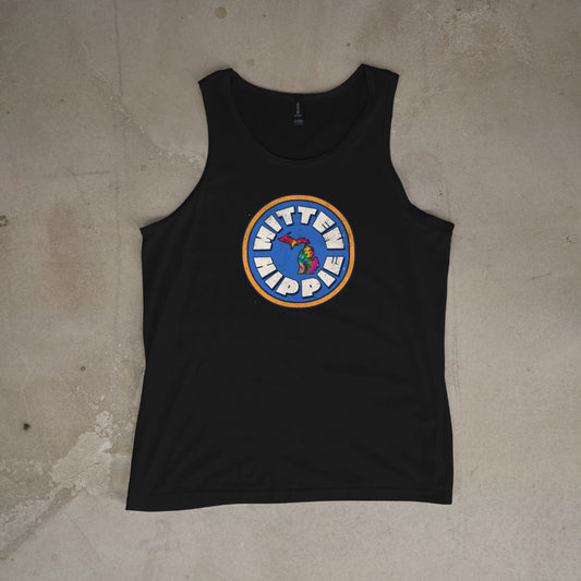 Yellow and Blue Mitten Hippie Logo Flowy Racerback Tank – Boho Graphic Top | Mitten Hippie