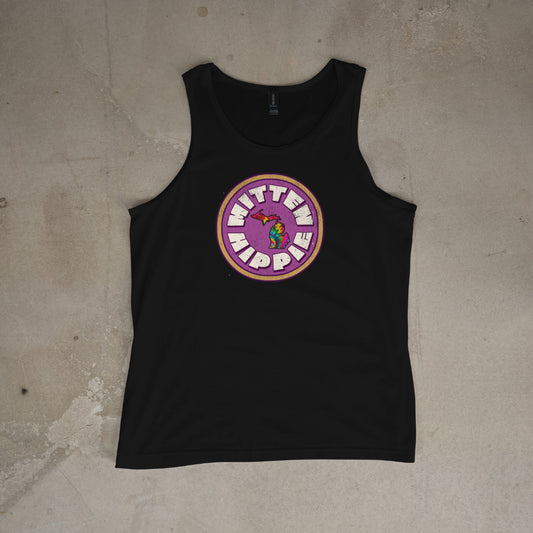 Mustard and Fuchsia Mitten Hippie Logo Flowy Racerback Tank – Bold Boho Graphic Top