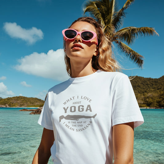 What I Love About Yoga Glitter T-Shirt – Funny Savasana Unisex Tee
