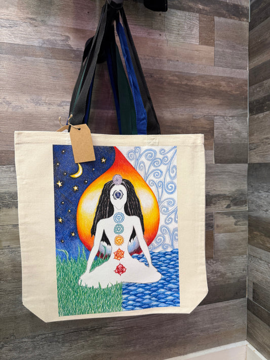 Dark Chakra Lady Tote Bag – Mystical Hand-Drawn Canvas Bag | Mitten Hippie