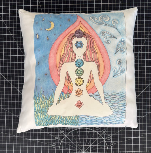 Light Chakra Lady Throw Pillow – Spiritual Hand-Drawn Decorative Cushion | Mitten Hippie