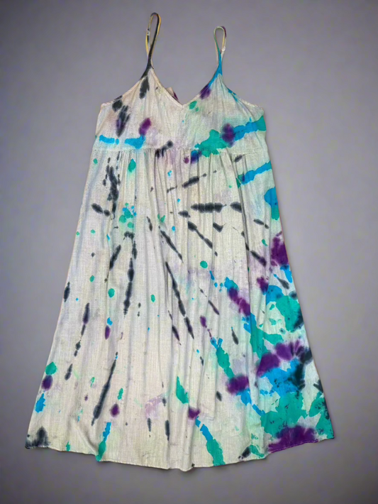 Tie Dye Blue, Black, Teal & Purple Swirl Tie Dye Halter Dress – Loose Fit Cotton-Linen Boho Sundress