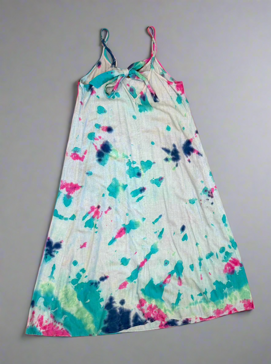 Green, Blue & Pink Splash Tie Dye Halter Dress – Loose Fit Cotton-Linen Boho Sundress