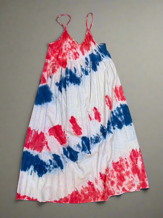 Red, White & Blue Tie Dye Halter Dress – Vertical Stripe Cotton-Linen Boho Sundress