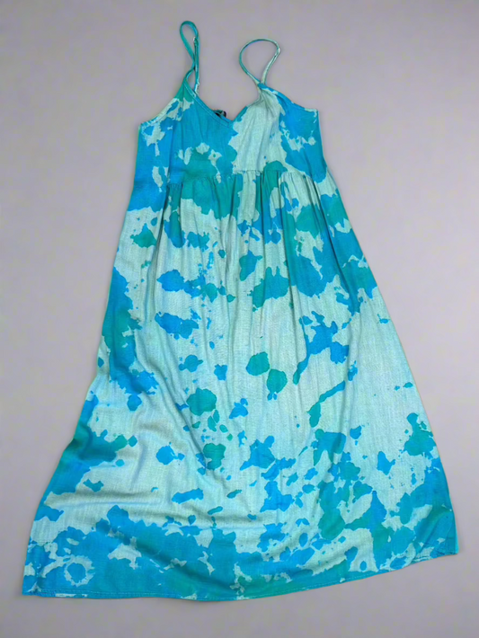 Green & Blue Marble Tie Dye Halter Dress – Loose Fit Cotton-Linen Boho Sundress