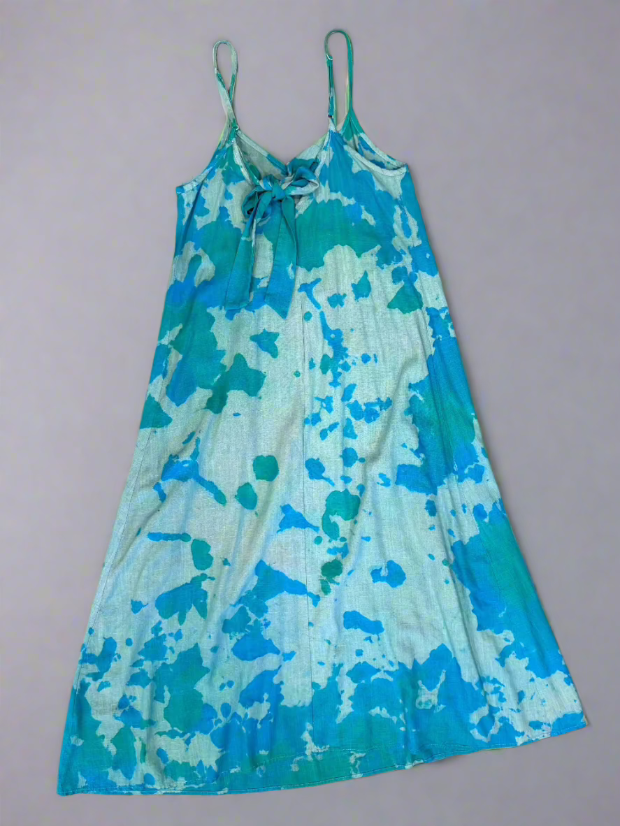 Green & Blue Marble Tie Dye Halter Dress – Loose Fit Cotton-Linen Boho Sundress