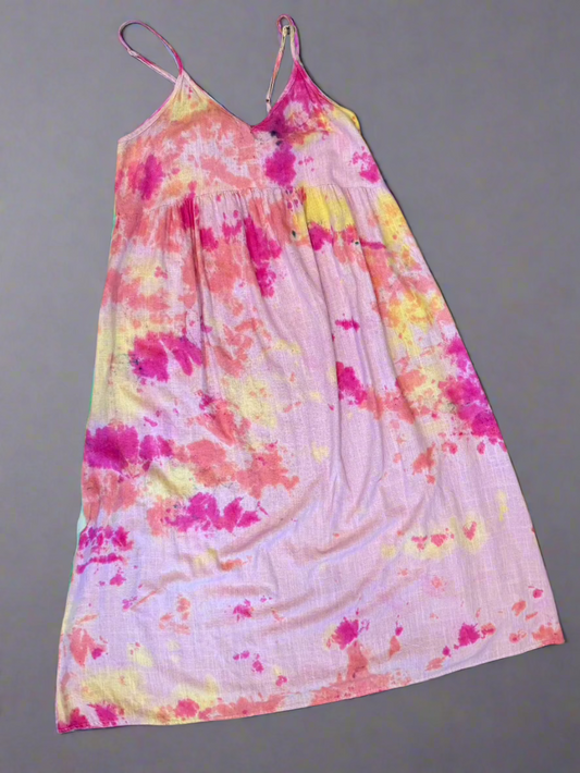 Tie Dye Yellow, Pink, & Coral Splash Halter Loose Solid Color Cotton Linen Dress