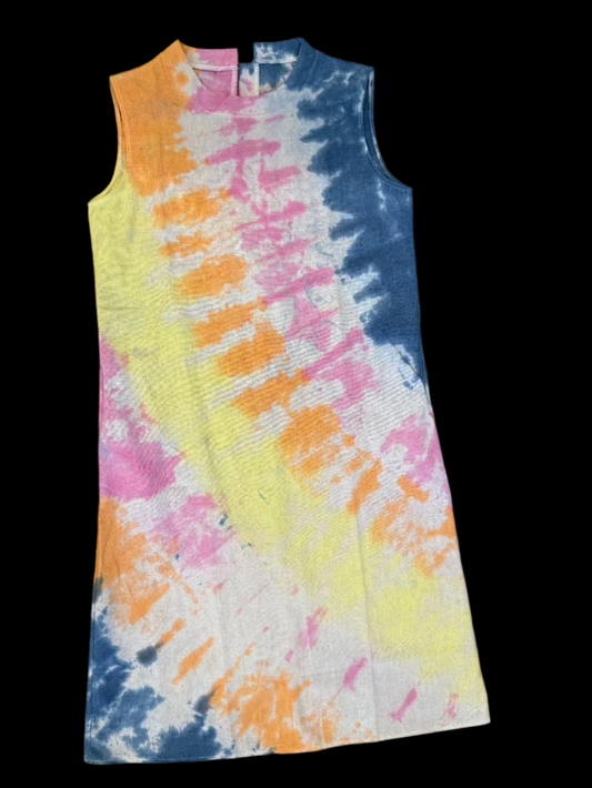 Yellow, Orange, Pink & Blue Stripe Tie Dye Tank Dress – Cotton-Linen Boho Dress for Women