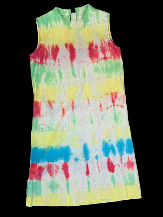 Yellow, Green, Red & Teal Stripe Tie Dye Tank Dress – Cotton-Linen Boho Summer Dress for Women