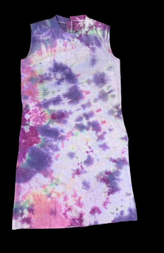 Pink, Green & Purple Splash Tie Dye Tank Dress – Cotton-Linen Boho Dress for Women