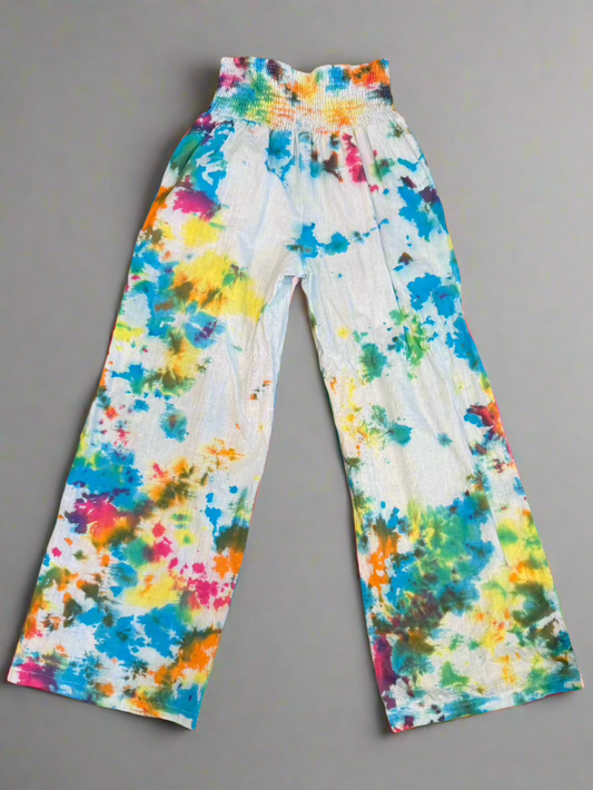 Green, Blue, Yellow & Orange Tie Dye Boho Slacks – Cotton Mid-Rise Pants
