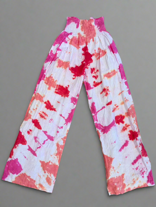 Pink & Coral Tie Dye Boho Slacks – Cotton Mid-Rise Festival Pants