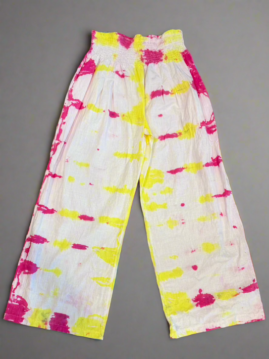 Pink & Yellow Tie Dye Cotton Mid-Rise Boho Slacks