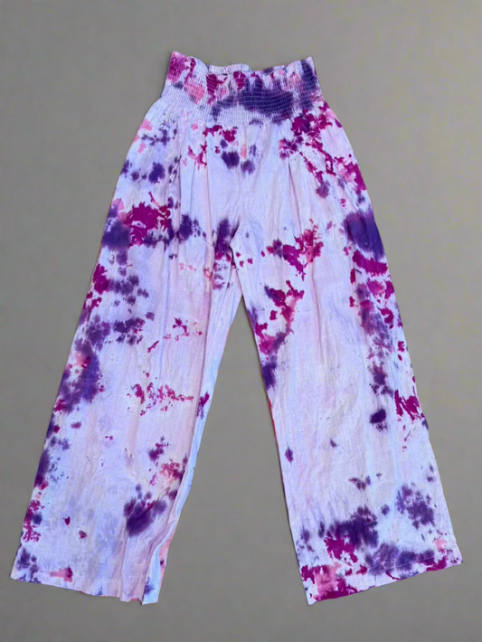 Purple & Pink Tie Dye Boho Slacks – Cotton Mid-Rise Hippie Pants