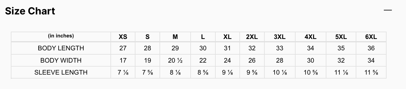 Unisex T-shirt size chart